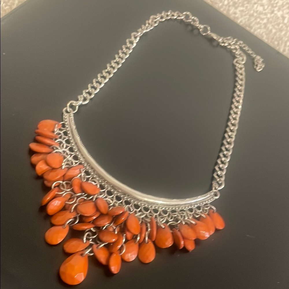 Vibrant Silver and Orange Bib Necklace